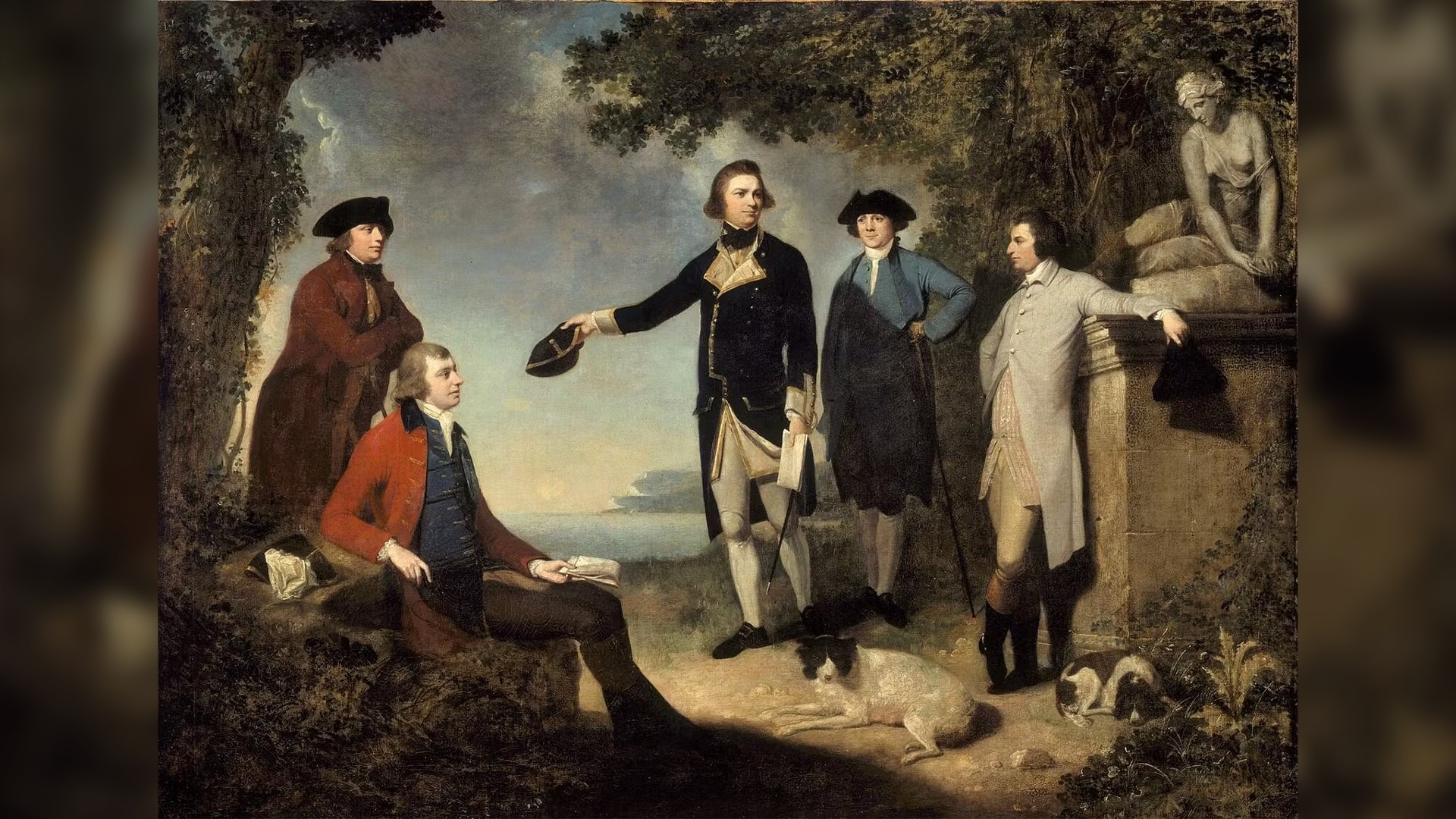 Sebuah lukisan yang memperlihatkan lima pria, dua anjing, dan patung seorang wanita berdiri di tempat terbuka dekat pantai laut.  Pria tengah, James Cook, mengangkat topinya.