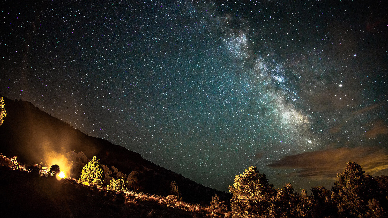 langit penuh bintang di atas semak belukar di Kawasan Konservasi Nasional Massacre Rim Dark Sky.