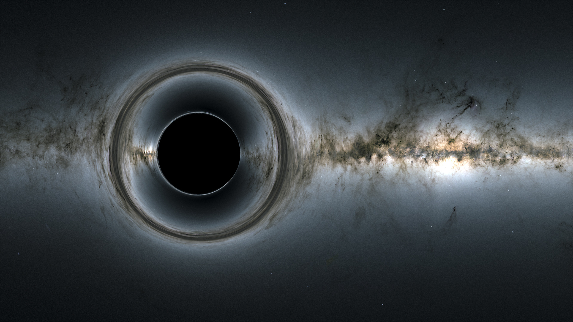 ilustrasi lubang hitam yang melengkungkan ruang-waktu di sekitarnya, dengan galaksi terang di latar belakang