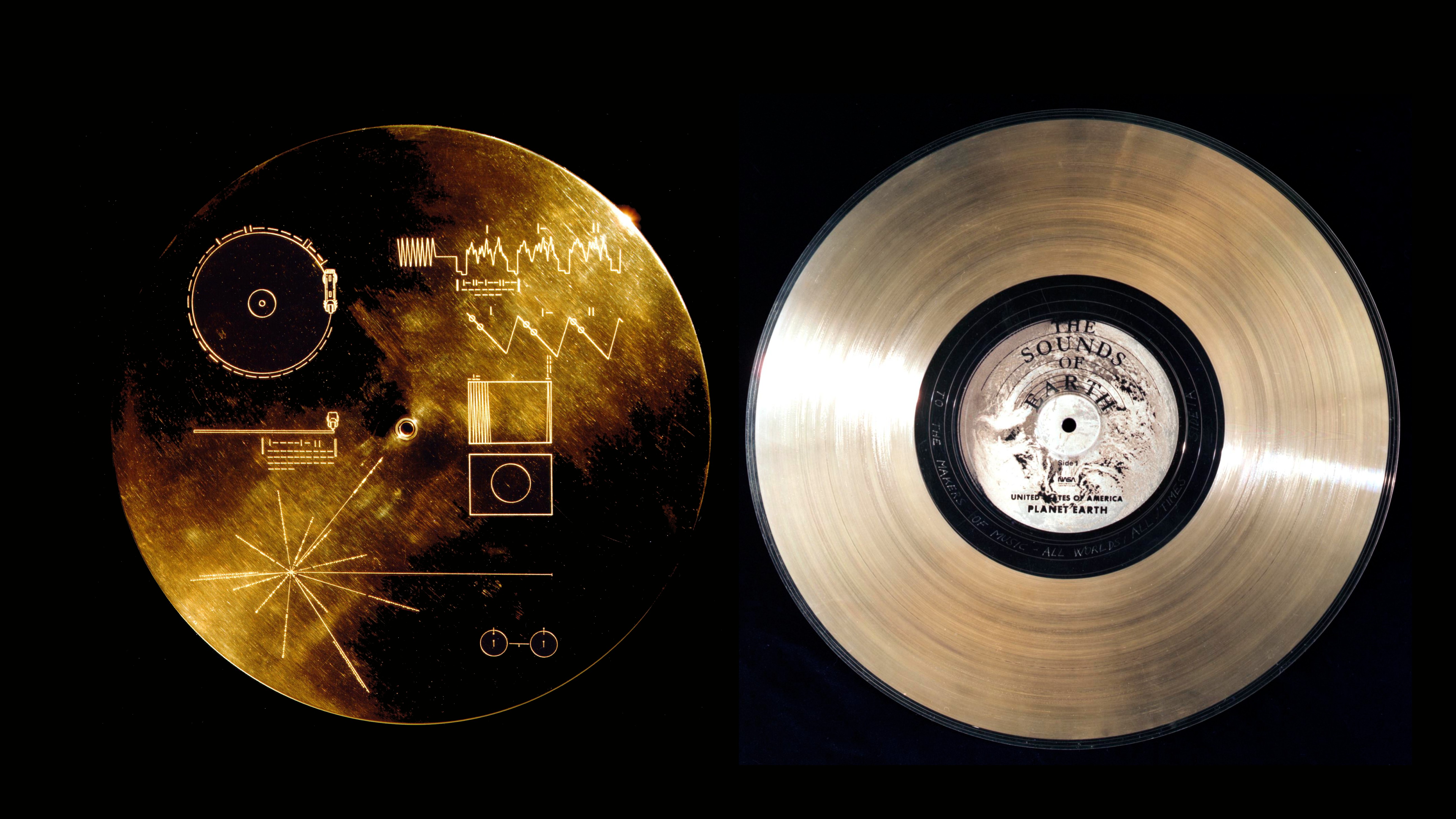 Seni sampul dan label Rekaman Emas Voyager menunjukkan peta bergambar ke Bumi