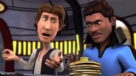 Adegan dari acara TV animasi Star Wars: Detours.  Di sini kita melihat Han Solo dan Lando Calrissian duduk makan malam sambil menikmati setumpuk pancake.