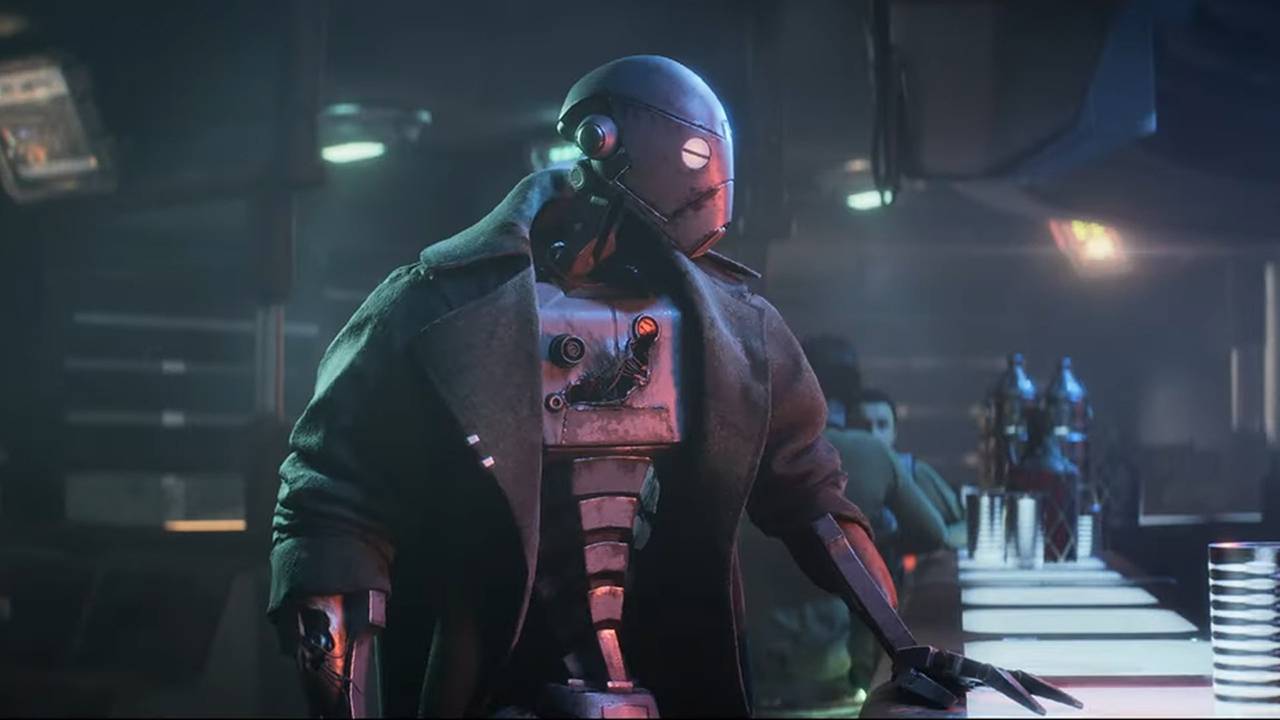 Cuplikan dari video game Penjahat Star Wars.  Di sini kita melihat komando droid ND-5 yang diprogram ulang menunggu di bar.  Dia adalah droid yang tinggi, humanoid (rangka bahkan) dengan luka besar di dadanya menunjukkan kabel di bawahnya.  Dia mengenakan jas hujan berwarna hijau zaitun dengan ikat pinggang coklat dan pistol di pinggulnya.  Dia meletakkan satu tangannya di atas mistar.