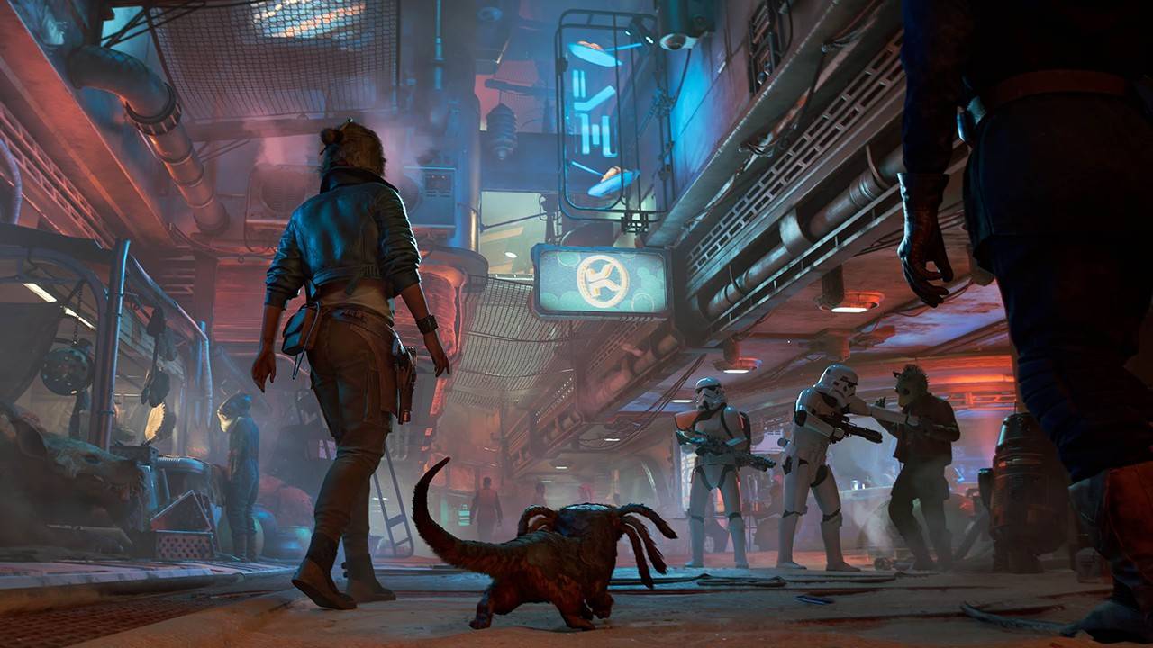 Cuplikan dari video game Penjahat Star Wars.  Di sini kita melihat karakter utama Kay dan teman kecilnya Nix berjalan menyusuri pasar bawah kota yang kumuh dan cyberpunk.  Di kedua sisinya terdapat kios-kios yang menjual berbagai macam barang.  Tepat di depan sini ada 2 stormtroopers yang mengganggu alien humanoid dan droid kecil mereka.  Kay memiliki rambut sebahu, rambut coklat lebat, dia mengenakan cropped jacket biru, kemeja putih, celana panjang coklat dan ikat pinggang coklat.  Nix adalah makhluk kecil seukuran kucing, dengan 2 mata, 4 kepala ekor, satu ekor berukuran sedang dan bulu halus.