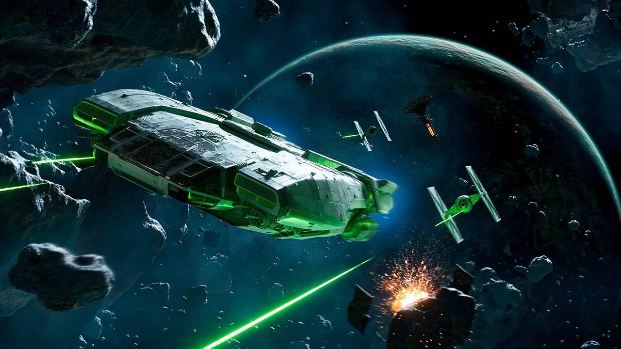 Cuplikan dari video game Penjahat Star Wars.  Di sini kita melihat pertempuran udara di luar angkasa.  Sebuah kapal datar berbentuk persegi panjang ditembaki oleh beberapa pesawat luar angkasa musuh.  Mereka sedang melewati medan asteroid, jadi ada banyak bongkahan batu yang melayang.