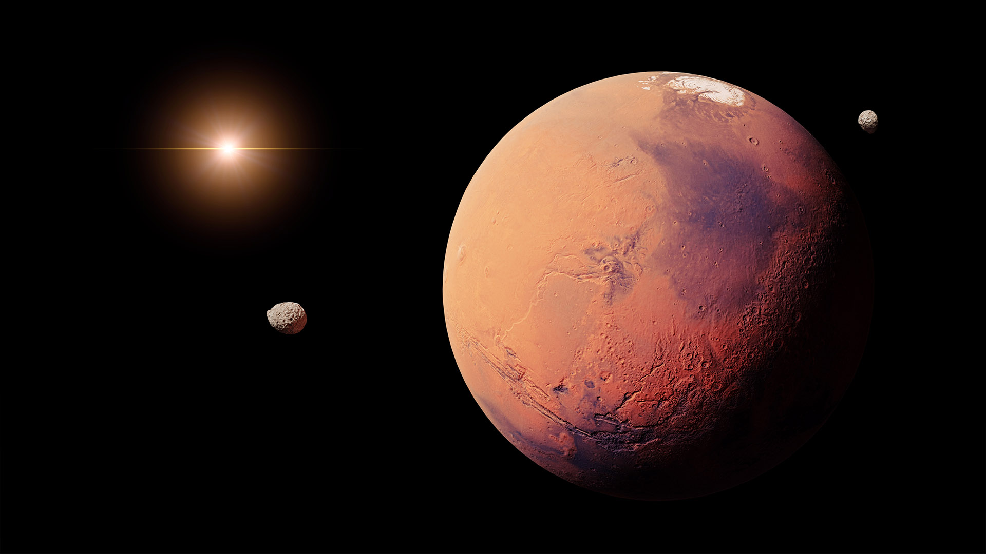 Planet Mars bersamanya adalah bulan Phobos dan Deimos.