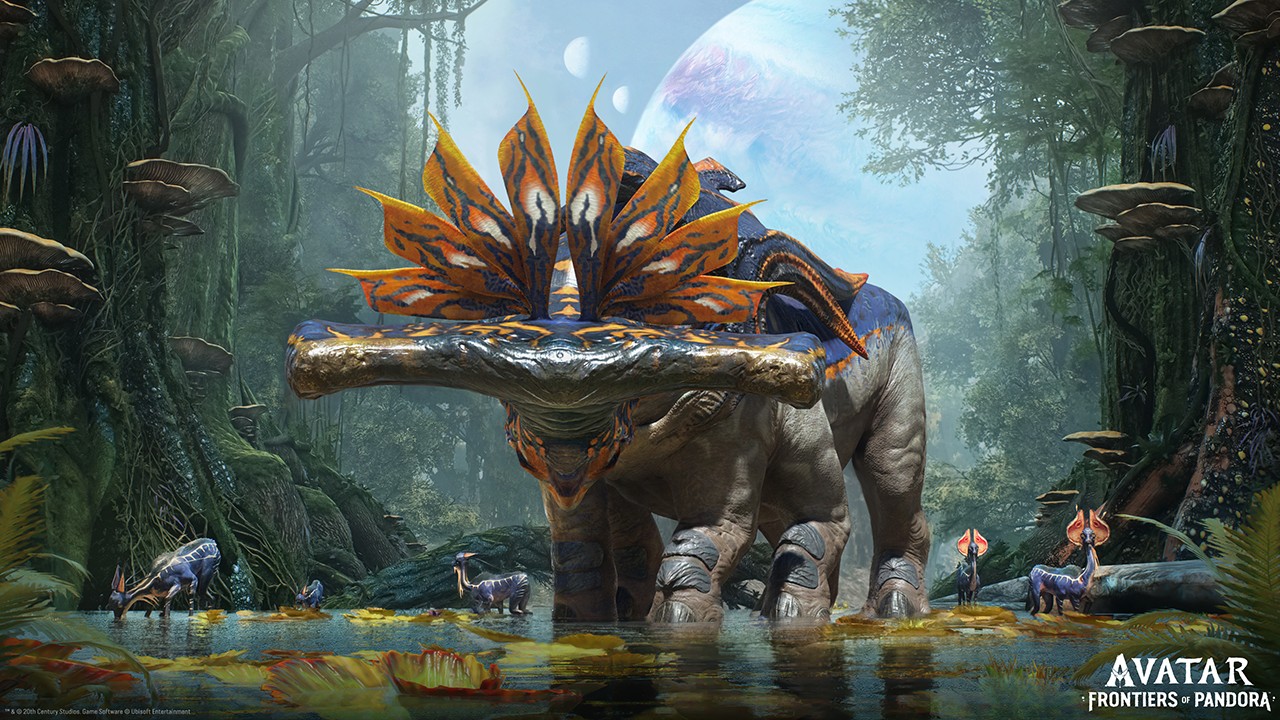 Karya seni untuk video game Avatar: Frontiers of Pandora.  Di sini kita melihat sedekat mungkin dengan makhluk di Pandora yang disebut titanothere martil (angtsìk).  Ini adalah binatang besar yang merangkak (mirip dengan gajah, tetapi dua sisinya) dengan kepala martil raksasa.  Warna utamanya abu-abu, tetapi ada percikan biru tua dan oranye di punggung, kepala, dan embel-embel cerah di sekitar lehernya.