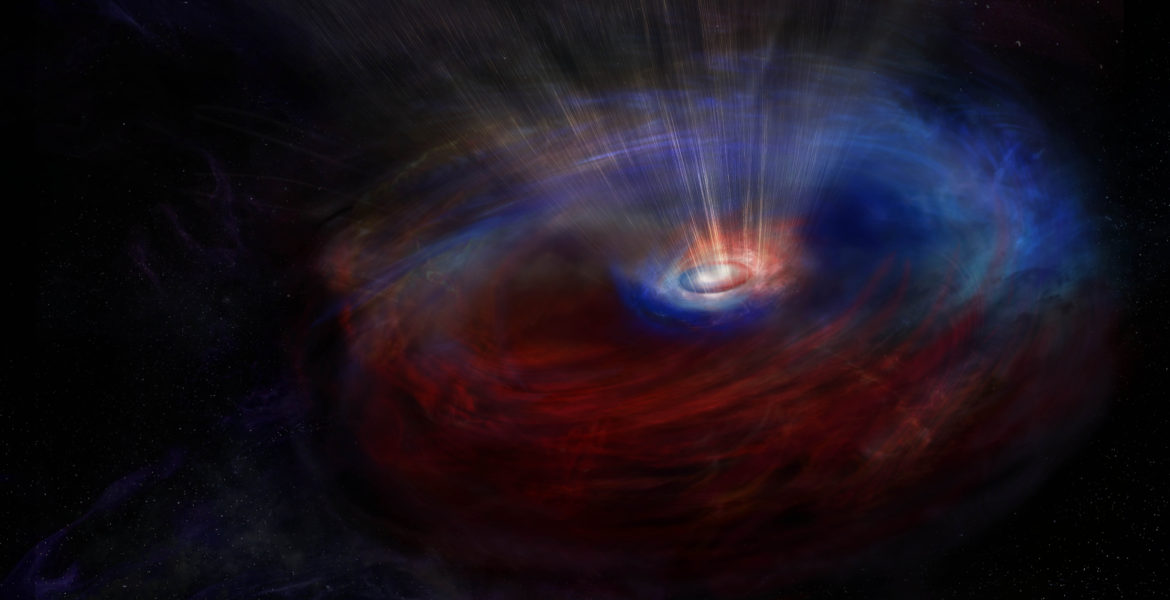 sebuah lubang hitam di ruang angkasa yang dikelilingi oleh gas berwarna-warni