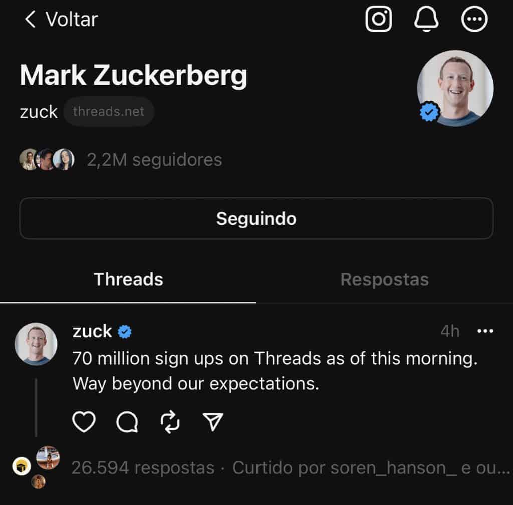 Mark Zuckerberg comemora no Threads (Imagem: reprodução/Threads)
