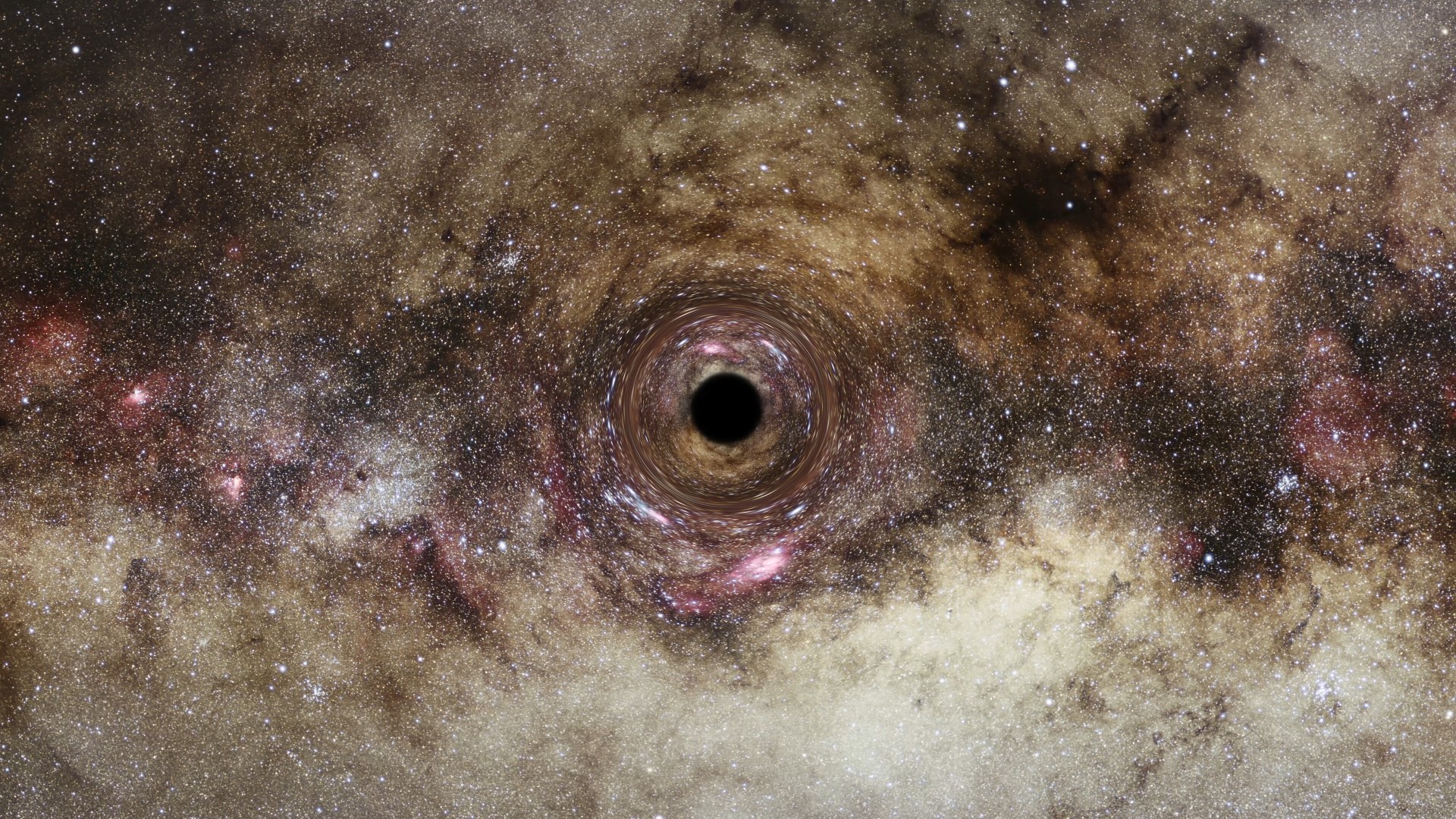 Gambaran seniman tentang lubang hitam yang mengembara.  Di tengahnya terdapat lingkaran hitam dan mengelilinginya pusaran bintang-bintang yang mengelilinginya.