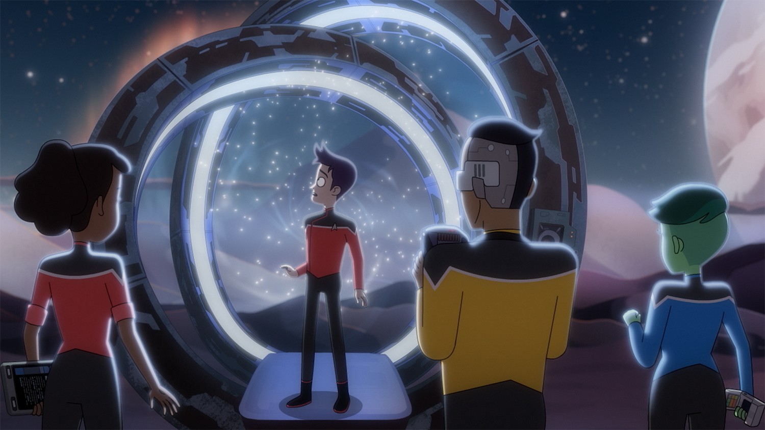Urutan animasi pembuka episode 'Lower Decks' dari 'Strange New Worlds