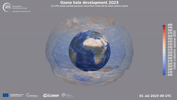 Animasi perkembangan lapisan ozon di atas Kutub Selatan antara 1 Juli hingga 28 Agustus 2023.